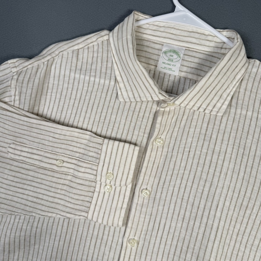 Brooks Brothers Milano Fit Shirt Mens XXL 100% Linen Beige Tan Stripe Button Up